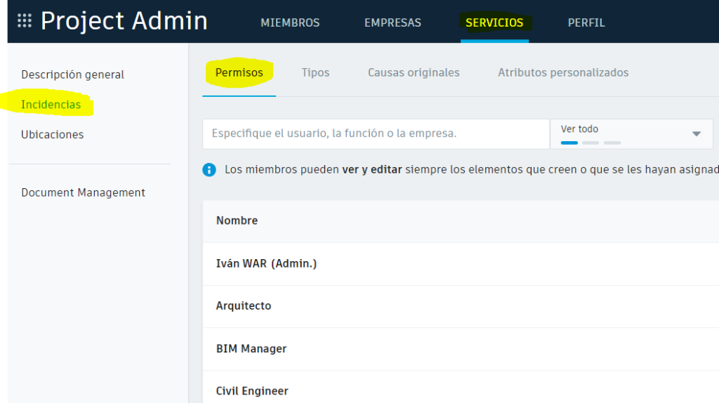 configuracion permisos incidencias en BIM360